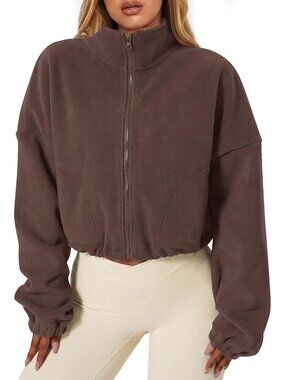 Women's Reddish Brown ZIP Sherpa Coat Stand Collar Warm Cropped Fleece Jacket
